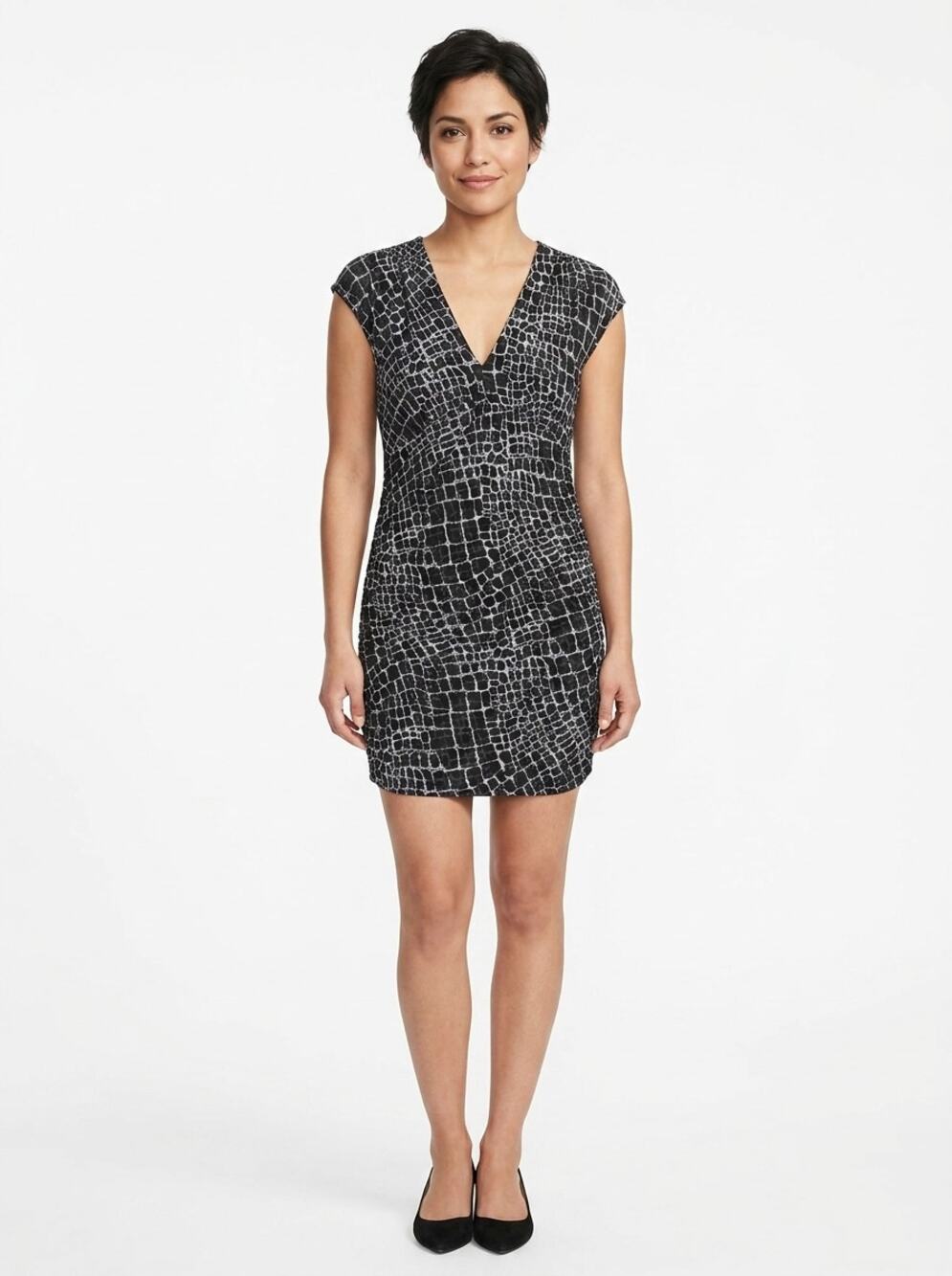 Express Black White Geometric Ruched V-Neck Bodycon Dress Women Size M
